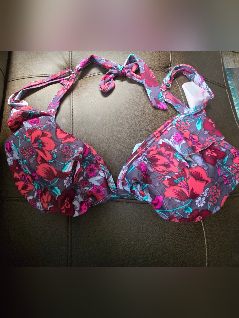 Floral Halter Bikini Top in Purple & Red